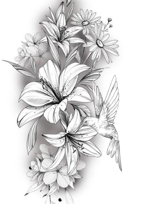 Hummingbird Tattoo With Lilies, Lily Floral Tattoo Design, Bird Butterfly Flower Tattoo, Black And White Flowers With Color Butterfly Tattoo, Butterfly’s And Flowers Tattoo, Hummingbird Tattoo With Flowers Black And White, Lilly Tattoo Design, Tattoo Peito, Lilly Flower Tattoo