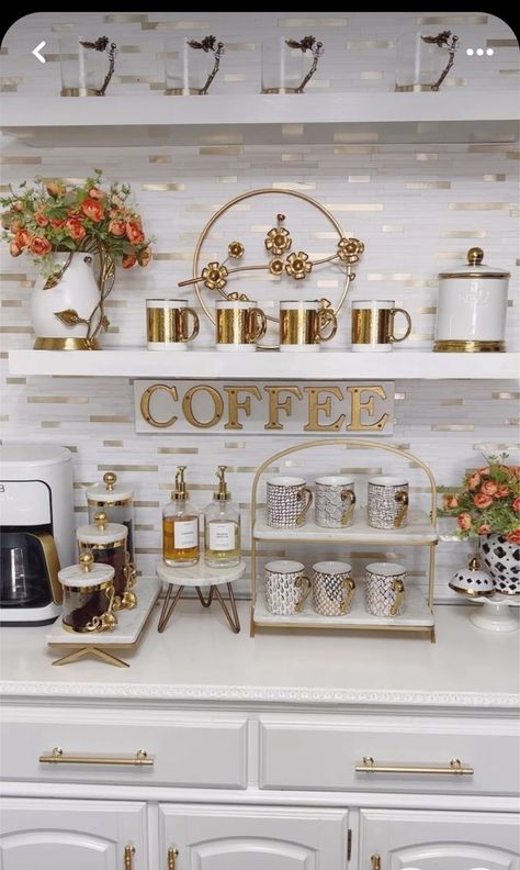 Coffee Bar In House, Cafe Station Ideas, Glam Coffee Bar, Coffe Bar Decor, Dream House Pantry, Glam Kitchen Decor, House Pantry, Coffee Station Kitchen, Coin Café