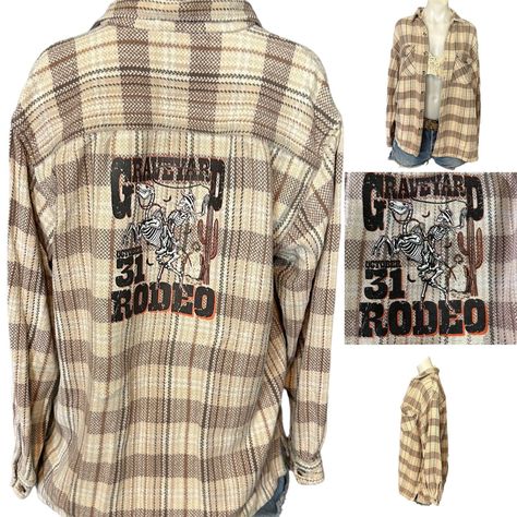 Halloween Flannel Plaid Shacket Shirt LARGE Oversize One of Kind Graveyard Rodeo Reworked Upcycled raw hem Relaxed boyfriend style comfy thick heavy blanket plaid flannel brown cream plaid with raw hem, Graveyard Rodeo Graphic on the back.  upcycled from a vintage 90s flannel Ash Creek Trading 100% Cotton Wash cold; dry low Size Large (Men's) armpit to armpit ~22" Length ~29" Excellent Condition One of a Kind Upcycled Flannel made by CheekyMontana 90s Flannel, Blanket Plaid, Upcycled Flannel, Heavy Blanket, Plaid Shacket, Great Falls, Boyfriend Style, Plaid Flannel, Rodeo