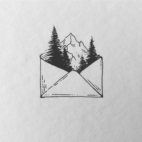 Love this for my envelope idea! Book Sketches Doodles, Switzerland Tattoo Ideas, Outdoor Doodles, Switzerland Drawing, Beginner Journaling, Simple Black And White Art, Adobe Logo, Mountains Drawing, Hipster Drawing