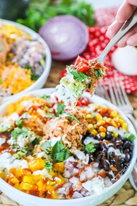 BBQ Chicken Power Bowl • The Pinning Mama Chicken Power Bowls, Fluffy Brown Rice, Chicken Bowl Meal Prep, The Pinning Mama, Paleo Bbq, Shredded Bbq Chicken, Chicken Bowl Recipe, Barbeque Chicken, Chicken Protein