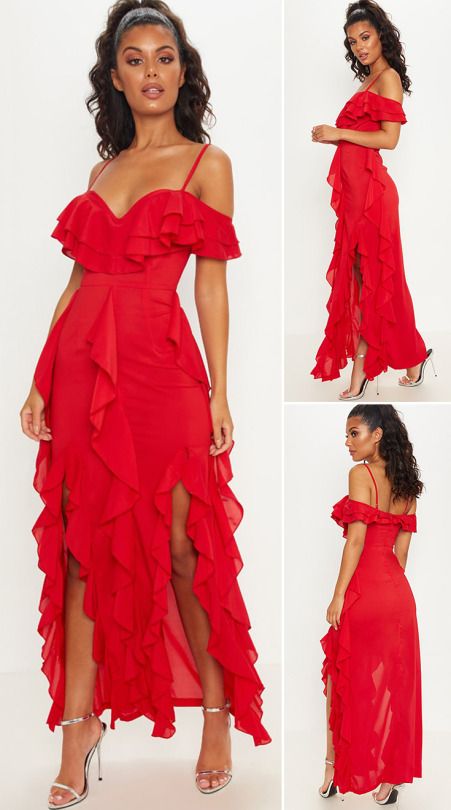 Red Ruffled Dress, Ruffle Detail Dress, Heels For Red Dress, Carribean Vibes, Ruffle Dress Outfit, Off Shoulder Ruffle Dress, Beyonce 2000's, Off The Shoulder Ruffle Dress, Sleek Wardrobe