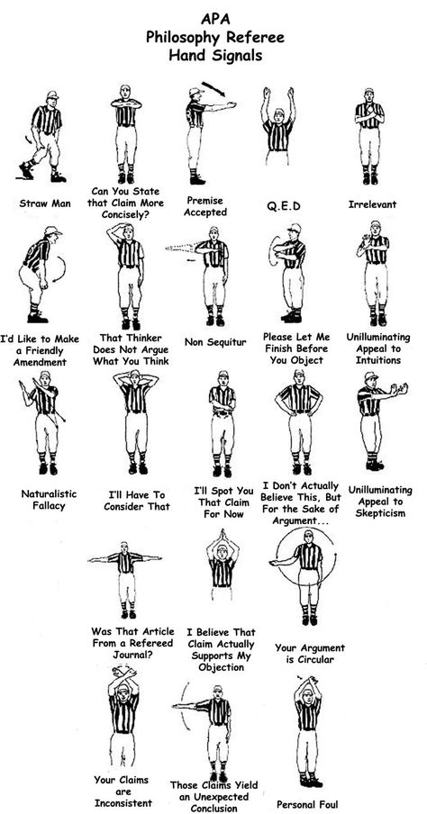 "That thinker does not argue what you think" - Philosophy Referee Hand Signals Logic And Critical Thinking, Higher Order Thinking, Hand Signals, College Humor, Comic Sans, Sociology, Sign Language, Visual Communication, Critical Thinking