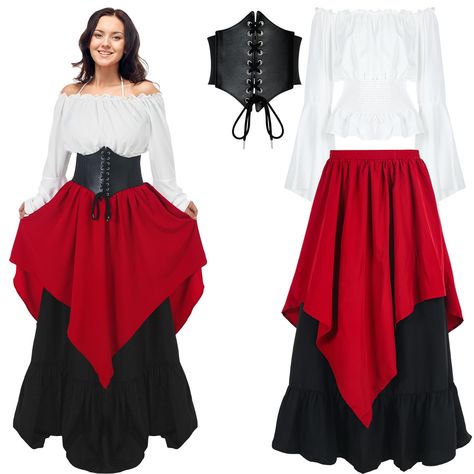 PRICES MAY VARY. Package Includes: the package will provide you with 1 piece of medieval costume women, 1 piece of long sleeved shirt and 1 piece of elastic corset, they are designed in nice combination for your convenient use; Please check the size before purchasing Renaissance Dress Costume: our dress is design in white, red and blackish green, vintage and elegant, delicate and nice looking, you can match it with the elastic corset to show your body shape well, making you look more eye catchin Medieval Costume Women, Plus Size Belts, Trumpet Sleeve, Medieval Costume, Medieval Dress, Medieval Clothing, Halloween Cosplay, Costume Dress, Halloween Women