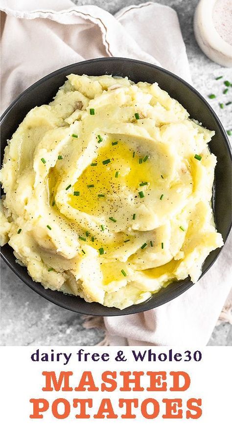 Easy Whole30 mashed potatoes! All you need is 3 simple ingredients to make these delicious and healthy mashed potatoes recipe - no butter, heavy creamy, or dairy involved! A perfect side dish to for a weeknight dinner, your holiday celebrations, or even meal prep! - Eat the Gains #whole30 #mashedpotatotes #paleo #sidedish #thanksgiving #whole30recipes Gluten Dairy Free Mashed Potatoes, Dairy Free Gluten Free Mashed Potatoes, Whole30 Mashed Potatoes, Gluten And Dairy Free Mashed Potatoes, Gluten Free Dairy Free Mashed Potatoes, Dairy Free Potatoes Recipes, Best Dairy Free Mashed Potatoes, Paleo Mashed Potatoes, Mashed Potatoes Recipe Dairy Free