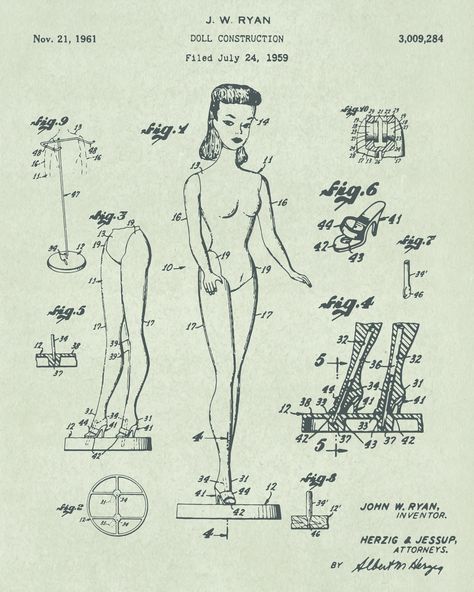 Barbie doll patent Barbie Illustration Vintage, Vintage Doll Tattoo, Paper Doll Tattoo, Vintage Barbie Tattoo, Barbie Doll Tattoo, Barbie Blueprint, Vintage Barbie Art, Barbie Tattoo, Barbie Hands