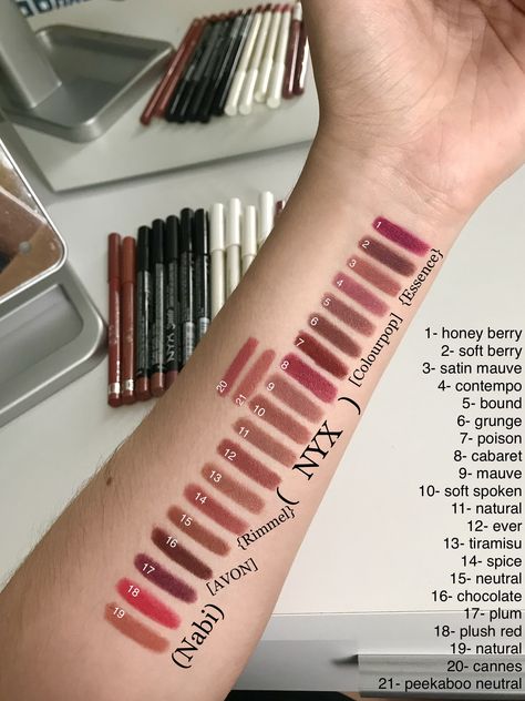 All drugstore affordable lip liners. NYX, colourpop, essence, rimmel. Nyx Retractable Lip Liner Swatches, Nyx Lip Liner Nutmeg, Nyx Ever Lip Liner, Mauve Nyx Lip Liner, Nyx Whipped Caviar Lip Liner, Nyx Lip Liner Coffee, Nyx Mauve Lip Liner, Nyx Cold Brew Lip Liner, Essence Lip Combo