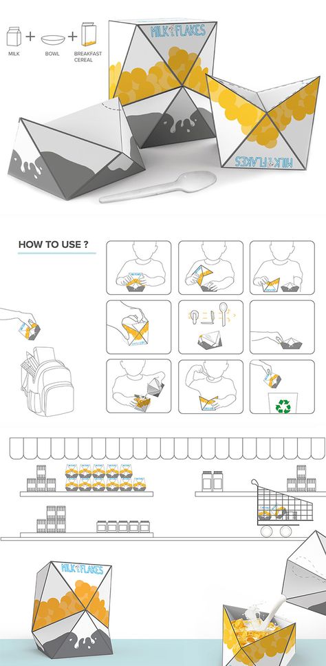 Milk & Flakes is a cleverly designed packaging solution that makes it possible for kids to have a tasty breakfast treat anywhere from home to school! Interesting Box Design, Multi Purpose Packaging, Packaging Design Cardboard, Innovative Packaging Ideas, Interactive Packaging Design, Breakfast Packaging, Interactive Packaging, Kids Package Design, Interesting Packaging