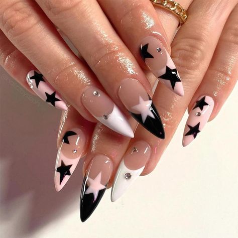 Stargirl Nails Aesthetic, Nail Art Designs Stiletto, Stiletto Nail Ideas, Medium Stiletto, Fake Nails White, Nails Stiletto, Medium Almond, Aesthetic Nails, French Tip Acrylic Nails