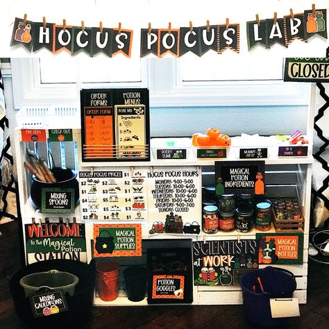 Halloween Preschool Dramatic Play, Preschool Halloween Dramatic Play, Halloween Pretend Play, Potions Lab Dramatic Play, October Dramatic Play Center, Halloween Dramatic Play Center, Dramatic Play Halloween, Fall Dramatic Play Ideas, Potion Station For Kids