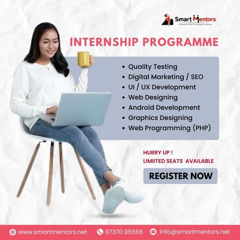 Unlock your potential with our diverse internship programs! From Quality Testing to Digital Marketing, UI/UX Development, Web Designing, Android Development, Graphics Designing, to Web Programming (PHP), we've got the opportunities you've been searching for. Limited seats available, seize the chance to kickstart your career journey! Enroll Today: https://www.smartmentors.net/courses/industrial-internship-training/ #InternshipOpportunity #CareerDevelopment #CareerGrowth #TechInternships #C... Core Java, Android Development, Web Programming, Internship Program, Web Designing, Unlock Your Potential, Islamic Posters, Career Growth, Career Development