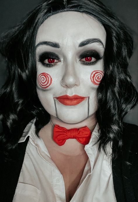 Jigsaw halloween makeup Jigsaw Makeup Woman, Jigsaw Halloween Makeup, Saw Makeup, Jigsaw Makeup, Jigsaw Costume, Jigsaw Halloween, Face Paint Set, Curl Hair With Straightener, Diy Costumes Kids