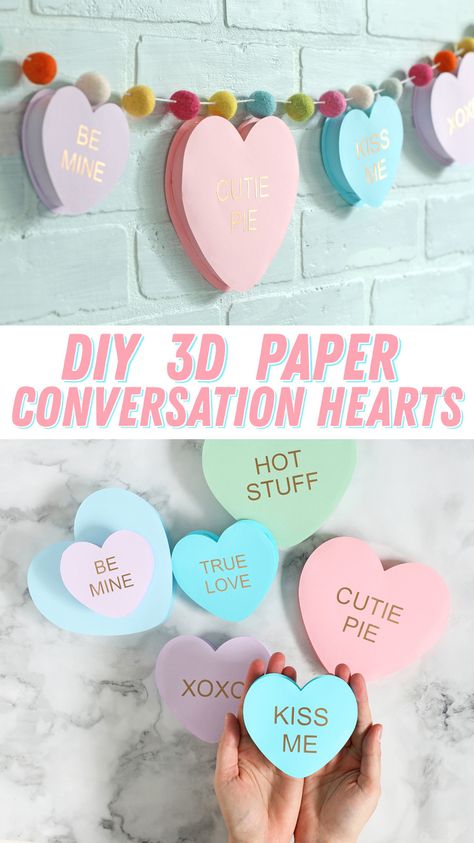 Conversational Hearts Decor, Diy Valentines Projects, Diy Craft Valentines Day, Valentines Paper Hearts, Valentine’s Day Banner Diy, Making Paper Hearts, Valentine's Paper Crafts, Diy Vday Decor, Diy Valentines Party Decorations