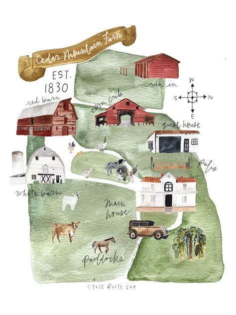 Farm Map Illustration, Farm Illustration Design, Farm Graphic Design, Vineyard Illustration, Farm Map, Maps Illustration, Mountain Map, Farm Illustration, Animal Infographic