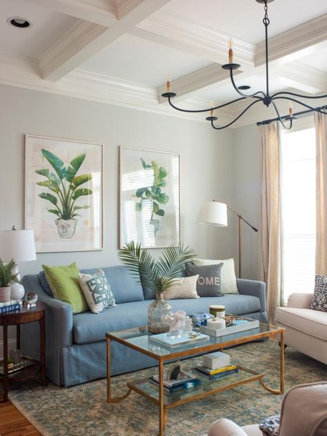 Grey Blue Sofa Living Room Ideas, Living Room Light Blue Sofa, Sky Blue Sofa Living Room Ideas, Couches Living Room Blue, Green And Blue Sofa Living Rooms, Light Blue Velvet Sofa Living Room Ideas, Living Room Pale Blue, Blue Couch Green Rug, Seafoam Couch Living Room