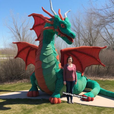 Giant Life-Size Crochet Animals (Including a Crochet Elephant) – Inspiring Designs Crochet Huge Amigurumi, Giant Crochet Animals, Large Crochet Dragon Pattern Free, Crochet Dragon Pattern Free, Big Amigurumi, Huge Crochet, Crochet Ideas Aesthetic, Fantasy Crochet, Owl Knitting Pattern