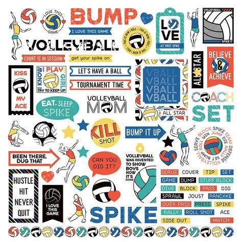 . Celebrate your volleyball heroes with these MVP stickers! #volleyball #stickers . #Volleyball_Scrapbook_Pages #Volleyball_Stickers_Aesthetic #Volleyball_Stickers_Printable #Freshman_Scrapbook Volleyball Scrapbook Pages, Volleyball Stickers Aesthetic, Volleyball Stickers Printable, Colorful Stickers Printable, Freshman Scrapbook, Volleyball Collage, Volleyball Stickers, Volleyball Designs, Quirky Prints