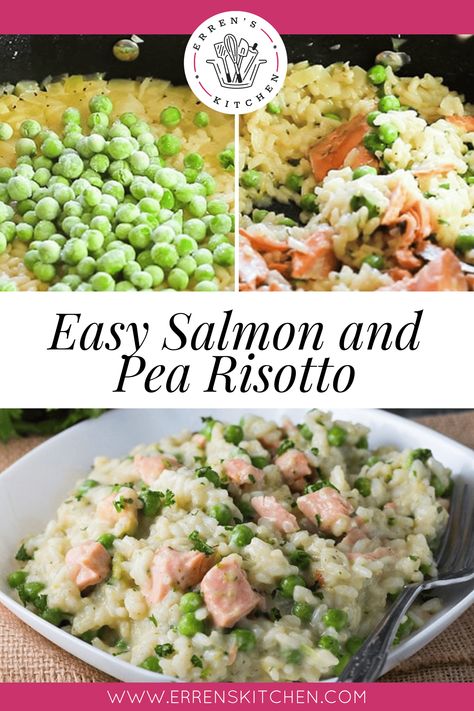 There's no tedious stirring with this easy Salmon and Pea Risotto - just throw it all together and simmer until creamy and delicious! This recipe for Easy Salmon and Pea Risotto requires no constant stirring. Poached Salmon makes a delicious addition to this quick one-pot dish with frozen peas and fresh herbs. It’s ready in 30 minutes. Serve with Homemade Garlic Bread for a simple weeknight meal. Salmon Risotto Recipes, Risotto And Salmon, Salmon And Risotto, Salmon And Risotto Dinners, Japanese Style Risotto With Seared Salmon, Salmon And Peas, Smoked Salmon Risotto, Pea Risotto, Salmon Vegetables