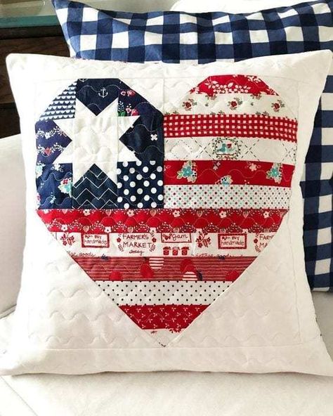 Patriotic Sewing, Patriotic Patterns, American Flag Quilt, Quilted Pillows, Patriotic Pillow, Heart Quilt Pattern, A Group Of Friends, Flag Quilt, Pillow Inspiration