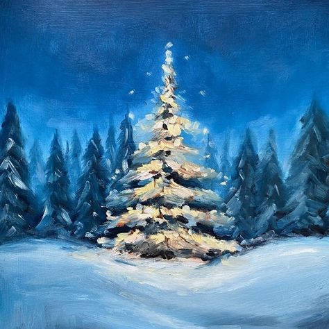 Blue Christmas Painting, Painting Inspo Christmas, Christmas Oil Paintings On Canvas, Christmas Trees Paintings, Christmas Abstract Paintings, Christmas Tree Oil Painting, Gouache Christmas Painting, Painted Christmas Cards Acrylics, Christmas Paintings Acrylic