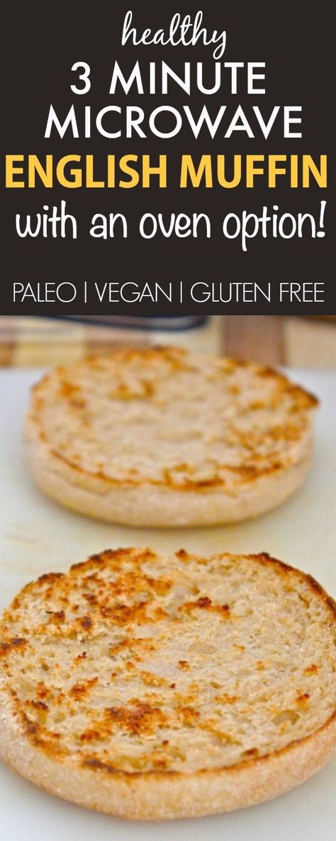 Healthy 3 Minute Microwave English Muffin made with NO flour, NO oil, NO butter and comes with a tested oven option! {vegan, gluten free, paleo recipe}- thebigmansworld.com Breakfast English Muffins, Gluten Free English Muffins, English Muffin Recipes, Paleo Gluten Free Recipes, Best Keto Bread, Paleo Bread, Low Carb Diets, English Muffins, Paleo Breakfast