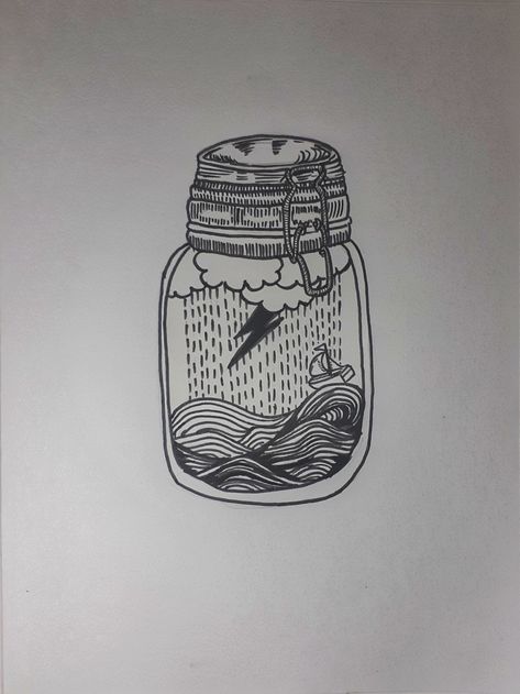 Storm Chaser Tattoo, Lightning In A Bottle Drawing, Sea Storm Tattoo, Ocean Storm Tattoo, Rain Tattoo Ideas Storms, Storm In A Bottle Tattoo, Storm Tattoo Thunderstorms, Rain Storm Tattoo, Sun And Rain Tattoo