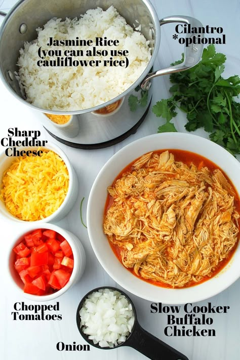 Buffalo Chicken Meal Prep, Fluffy Jasmine Rice, Chicken Bowl Meal Prep, Crockpot Meal Prep, Chicken Meal Prep Bowls, Chicken Protein, Chicken Lunch, Meal Prep Clean Eating, Healthy Buffalo Chicken