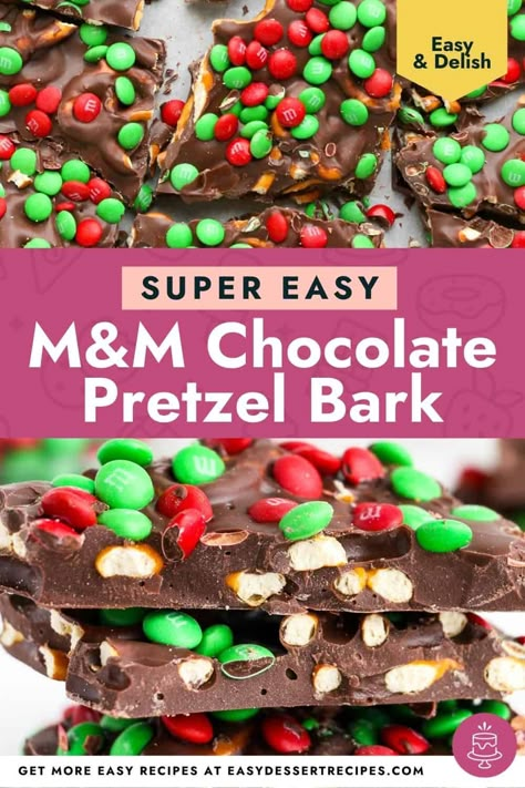 With only three ingredients called for and five minutes of prep time, this M&M Pretzel Bark is here just in time for the crazy holiday season! Crunchy, salty pretzels are coated with rich chocolate and festive M&M candies. Pretzel Bark Recipes, Bark Recipes Easy, Salty Pretzels, Christmas Bark Recipes, Pretzel Bark, Christmas Pretzels, Christmas Bark, Easy Dessert Recipes, Candy Bark