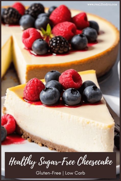 Enjoy a creamy, delicious treat with this Healthy Sugar-Free Cheesecake, made without added sugars. It's the perfect guilt-free dessert that's rich, smooth, and easy to make! Grab the recipe! Sugarfree Cheesecake Recipes, Low Fat Cheesecake, Healthy Cheesecake Recipes, Sugar Free Pie, Low Carb Cheesecake Recipe, Low Sugar Desserts, Sugar Free Cheesecake, Healthy Cheesecake, Easter Desserts