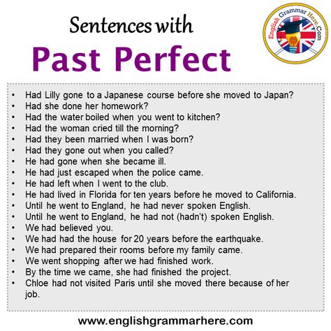 Sentences with Past Perfect, Past Perfect in a Sentence in English, Sentences For Past Perfect 1.Had Lilly gone to a Japanese course before she moved to Japan? 2.Had she done her homework? 3.Had the water boiled when you went to kitchen? 4.Had the woman cried till the morning? 5.Had they been married when I was born? 6.Had they gone out when you called? 7.He had gone when she became ill. 8.He had just escaped when the police came. 9.He had left when I went to the club. 10.He had lived in Florida Had Sentence, Japanese Course, Perfect English, Moving To California, English Sentences, A Sentence, Past Perfect, English Grammar, You Call