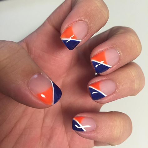 #BroncosCountry nails Gator Football Nails, Detroit Tiger Nails Designs, Nail Designs Baseball, Broncos Nails Denver, Denver Broncos Nails Designs, Bronco Nails Design, Nfl Nail Designs, Ducks Nails, Detroit Tigers Nails