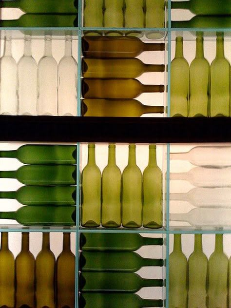 Olive Green Bottle Wall, Deco Luminaire, Green Bottle, Green Collection, Restaurant Interior, Bottles And Jars, Cafe Design, Bottle Art, Wine Bar