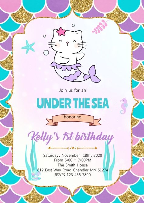 Mermaid Cat Birthday Cake, Cat Mermaid Birthday, Mercat Birthday Party, Cat Birthday Theme, Summer Posters, Cat Birthday Invitations, Events Theme, Mermaid Party Invitations, Birthday Cake For Cat