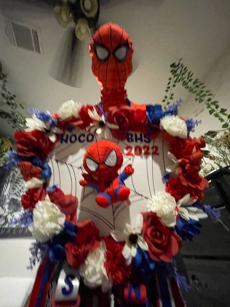 Spiderman Mums Homecoming, Disney Mums Homecoming, Spider Man Mums Homecoming, Red White Blue Homecoming Mum, Hoco Braids Mum, Western Theme Homecoming Mums, Spider Man Homecoming, Homecoming Mums Diy, Custom Shoes Diy