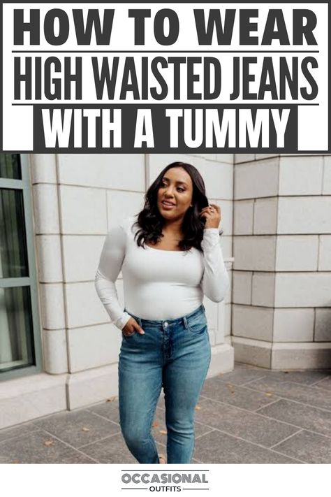 Girl wearing a high waisted jeans with a tummy High Waisted Outfits Plus Size, Plus Mom Jeans Outfit, Cute Plus Size Jeans Outfits, Styling Mom Jeans Plus Size, Tops For High Waisted Jeans, Best Midsize Jeans, Thick Belly Outfits, Best Jeans For Mom Pooch, How To Wear A Bodysuit With Jeans