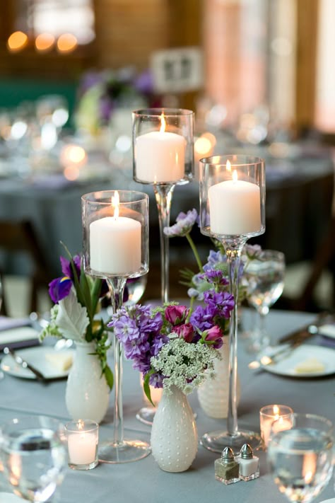 Bud Vase and Tall Candle Centerpiece | photography by http://shanewelch.com | floral design by http://www.scarletpetal.com/ Tall Candle Centerpiece, Candles And Flowers, Stemmed Candle Holders, Floating Candle Centerpieces, Tall Wedding Centerpieces, Candle Wedding Centerpieces, Candleholder Centerpieces, Candle Holders Wedding, Tall Candle