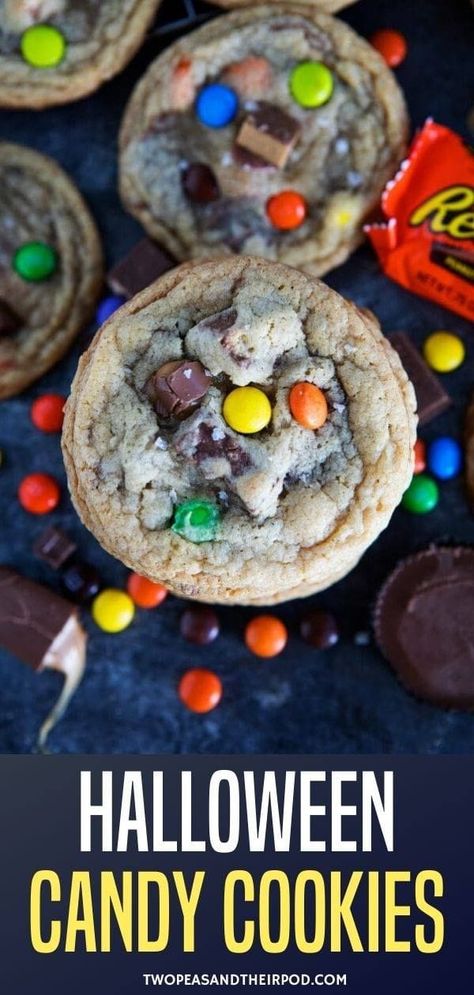 Use leftover Halloween candy to make these decadent cookies filled with chopped up candy bars! Combine all of your favorites, anything goes! Halloween Candy Cookies, Leftover Halloween Candy Recipes, Candy Cookies Recipes, Candy Bar Cookies, Leftover Candy, Leftover Halloween Candy, Cookies From Scratch, Chocolate Chip Cookie Bars, Candy Cookies