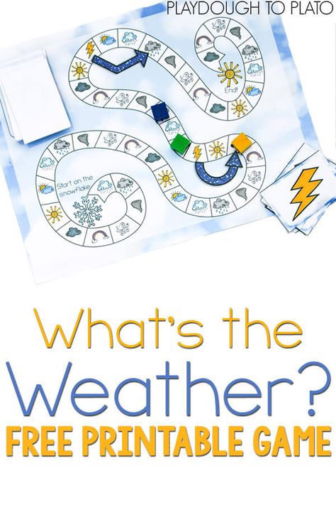 Free Weather Game! Download this free printable weather game for a fun way to learn the different weather terms with your preschooler and kindergarten kids during a weather unit! #weatherunit #weathergames #freeprintables #PlaydoughtoPlato Weather Kindergarten, Weather Activities Preschool, Weather Activities For Kids, Teaching Weather, Weather Games, Weather Worksheets, Preschool Weather, Playdough To Plato, Weather Vocabulary