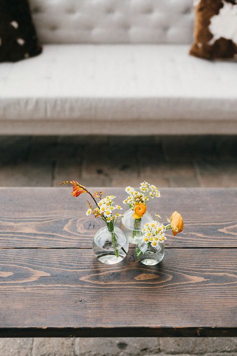 Chamomile Flower Centerpiece, Simple Orange Centerpieces, Chamomile Centerpiece, Chamomile Arrangement, Small Bud Vase Arrangements, Sunflower Bud Vase, Orange Bud Vases, Wildflower Bud Vase, Wildflower Bud Vases