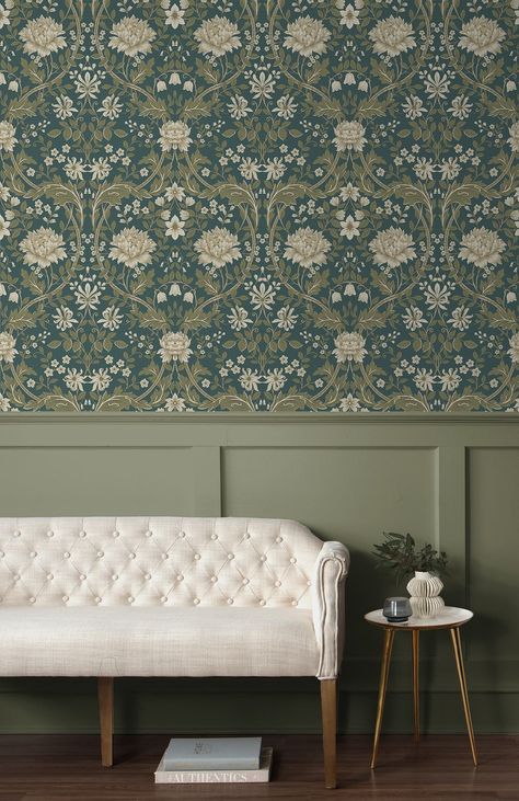 Sutton Honeysuckle Floral Damask Wallpaper – Say Decor LLC Wallpapered Entryway, Retro Kitchens, Dining Room Accents, Room Accent Wall, Dining Room Wallpaper, Mid Century Modern Living Room, Wallpaper Accent Wall, Floral Damask, Damask Wallpaper