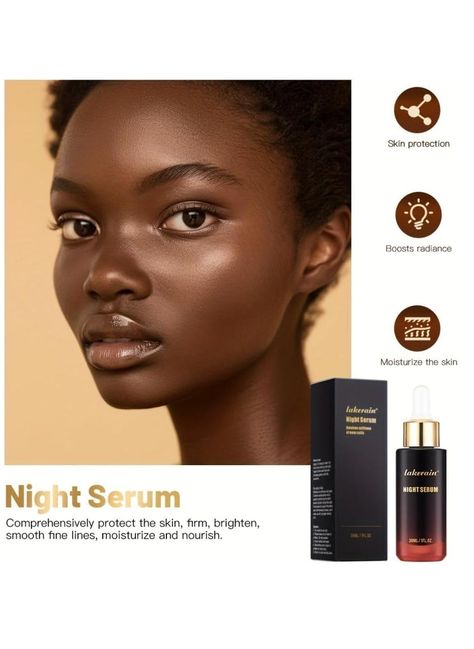 The Night Serum for Face is a 30ML powerful skincare solution designed to work overnight to protect, firm, brighten, and smooth fine lines on your face and neck. This non-sticky serum deeply moisturizes and nourishes your skin, improving its radiance and glow. With regular use, it enhances your skin's natural repair process, leaving you with a revitalized, youthful complexion every morning. Transform your nightly skincare routine with our Night Serum, a powerful blend of rejuvenating ingredients designed to work in harmony with your skin’s natural repair processes. This potent serum targets signs of aging, hydrates deeply, and promotes a radiant complexion, all while you enjoy a restful sleep. Wake up to softer, smoother, and more youthful-looking skin with our luxurious Night Serum. The s Serum For Face, Glow Serum, Night Serum, Skin Glow, Best Anti Aging, Restful Sleep, Reduce Wrinkles, Skin Firming, Face Serum