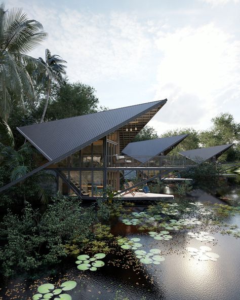 Remake Rain Forest Villa on Behance Retreat House Architecture, Forest Architecture Concept, Villa In Forest, Forest Architecture, Farm Villa, Forest Resort, Resort Architecture, Cottage Style House Plans, Tropical Architecture