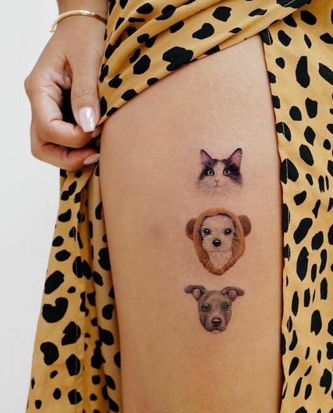 Three Cute Pets Tattoos Three Dog Tattoo, Pet Tribute Tattoo, Pet Portrait Tattoo, Cat And Dog Tattoo, Puppy Tattoo, Cat Portrait Tattoos, Pet Memorial Tattoo, Tattoo Salon, Tribute Tattoos