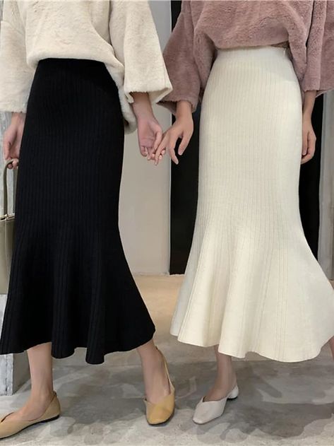 Women's Trumpet / Mermaid Long Skirt Midi Knit White Brown Skirts Knitting Casual Fall & Winter Casual Daily One size [75 catties-120 catties] 2023 - US $17.99 Rock Outfit, Fishtail Skirt, Trumpet Skirt, Brown Skirts, Mermaid Skirt, Long Knit, Moda Vintage, Skirt Outfit, Fall Skirts