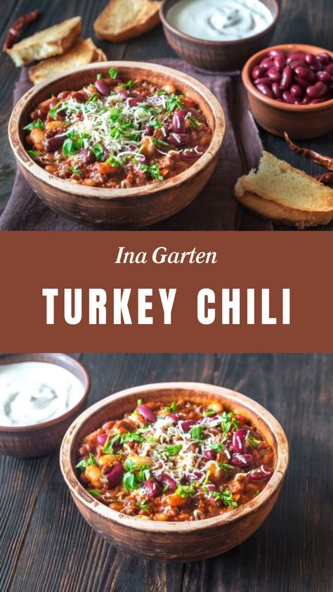 Ina Garten Turkey Chili Chili Recipe Ina Garten, Ground Meat Soup, Ground Turkey Chili, Barefoot Contessa Recipes, Turkey Chili Recipe, Bean Chilli, Chili Recipe Turkey, Ina Garten Recipes, Turkey Meat