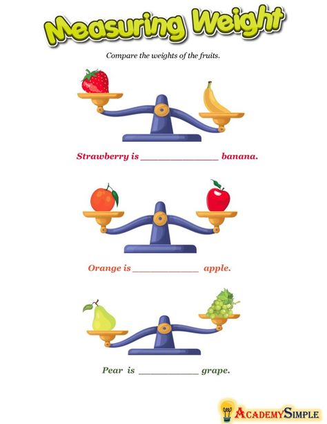 The object on the lower pan of the scale is heavier than the object on the higher pan. When the pans are at the same level then the objects in both pans have equal weights. This way we can compare the weights of objects, but we cannot measure them... #academysimple, #worksheets, #printablel, #kidsactivities, #activitiesforkids, #homeschooling, #educationalresources, #download, #pdf, #practice, #learning, #weight, #measurement, #math, #grade1, #kindergarten, #preschool Healthy Habits Preschool, Pan Balance, Balancing Scale, Measurement Worksheets, Cambridge Igcse, Math Addition Worksheets, Weight Measurement, Addition Worksheets, Heavy And Light