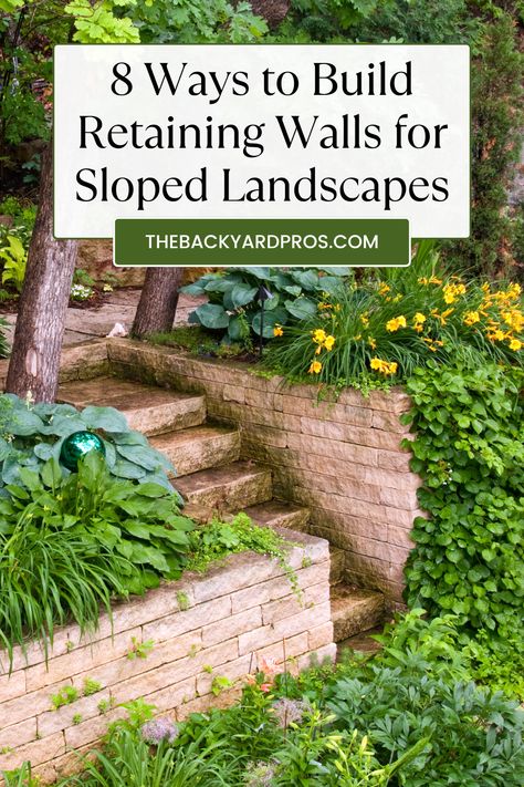 Discover 8 retaining wall ideas that will turn your sloped backyard into a beautifully structured space! These designs offer more than just support – they add character and charm to your outdoor area. Whether you want a modern or rustic vibe, there’s something for every taste! Retaining Wall With Bench Seating, Brick Retaining Wall Garden Bed, Sunken Patio Ideas Retaining Walls, Landscape Design For Sloped Backyard, Front Yard With Retaining Wall, Tiered Garden Ideas Retaining Walls, Affordable Retaining Wall Ideas, Garden With Slope, Backyard Retaining Wall Sloped Yard