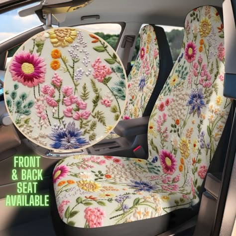 Summer Flower Bloom Car Seat Covers * Please note that the pattern is printed faux embroidery. The seat cover is flat and smooth without real stitches. - Instantly refresh and transform your vehicle's interior - Custom printed and hand-finished for a beautiful and unique look - Suitable for front and/or back seats, adding fun and style to your journeys - Aesthetic and functional gift for car owners on birthdays, Christmas, and more * Please note that the pattern is printed faux embroidery. The s Boho Seat Covers Car, Floral Car Decor, Seat Covers For The Car, Van Seat Covers, Faux Embroidery, Seat Belt Buckle, Car Seat Protector, Car Interior Design, Back Seat Covers