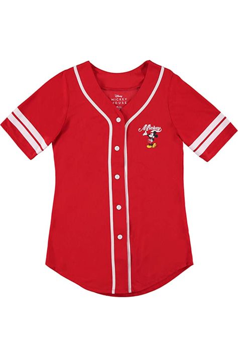 Ladies Mickey Mouse Button-down Baseball Jersey - Red Mickey Mouse Baseball, Sweaters Graphic, Disney Outfit Inspo, Mickey Mouse Outfit, Christmas Apparel, Style Character, Disney Outfit, Baseball Jersey Shirt, Jersey Tops