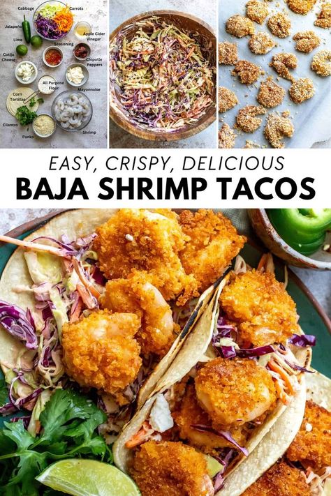 Baja Shrimp Tacos are crispy and delicious, served over creamy chipotle coleslaw. Ready in 30 minutes, this is the perfect quick and easy dinner recipe or lunch idea. These crispy shrimp tacos are sure to be a summer recipe staple. Chipotle Coleslaw, Crispy Shrimp Tacos, Baja Shrimp, Baja Shrimp Tacos, Cilantro Shrimp, Tacos Easy, Shrimp Tacos Easy, Easy Healthy Lunch Recipes, Shrimp Taco Recipes